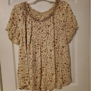 Khaki Floral Pintuck Peasant Blouse